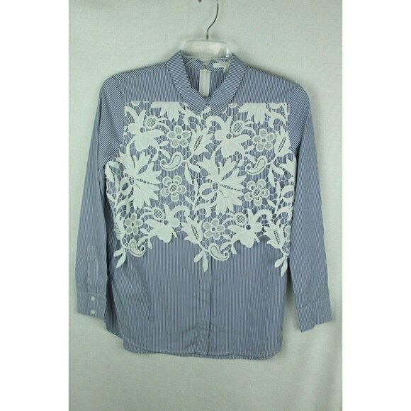 Endless Rose Womens Top Button Down Small Striped Lace Floral - Picture 4 of 8